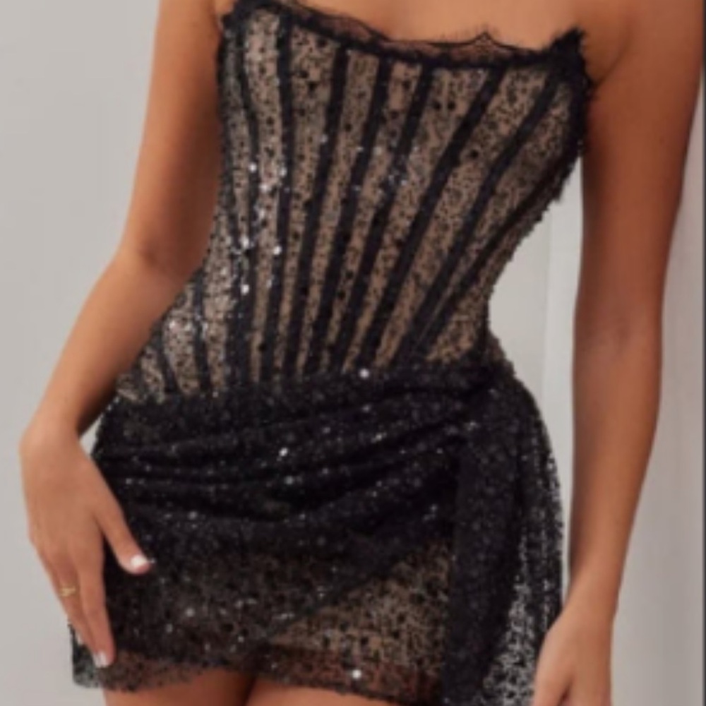 Heires Beverly Hills Black Sequin Corset Dress Small